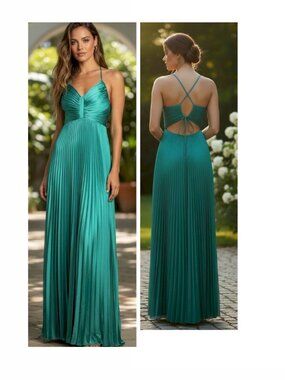 Dreaming in Color Green V-Neck Pleated Satin Maxi Dress Size Small NWOT